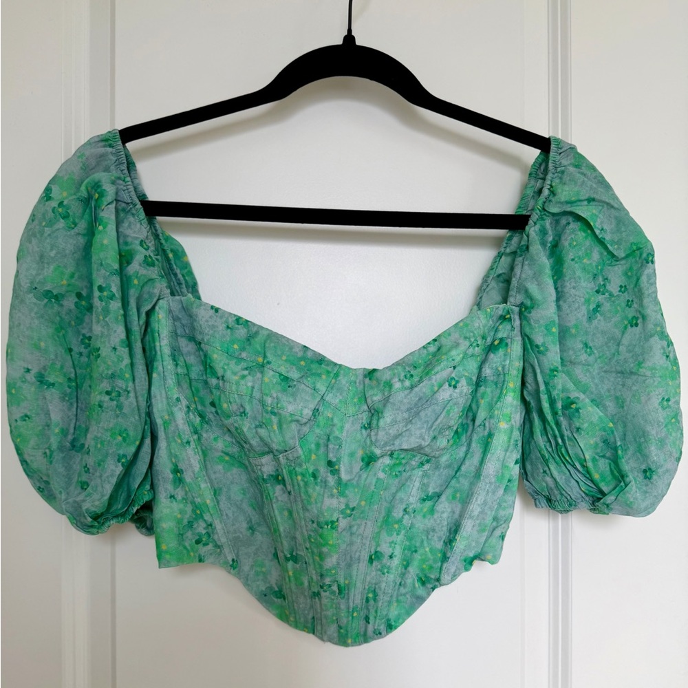 Bardot Green Floral Puff Sleeve Blouse